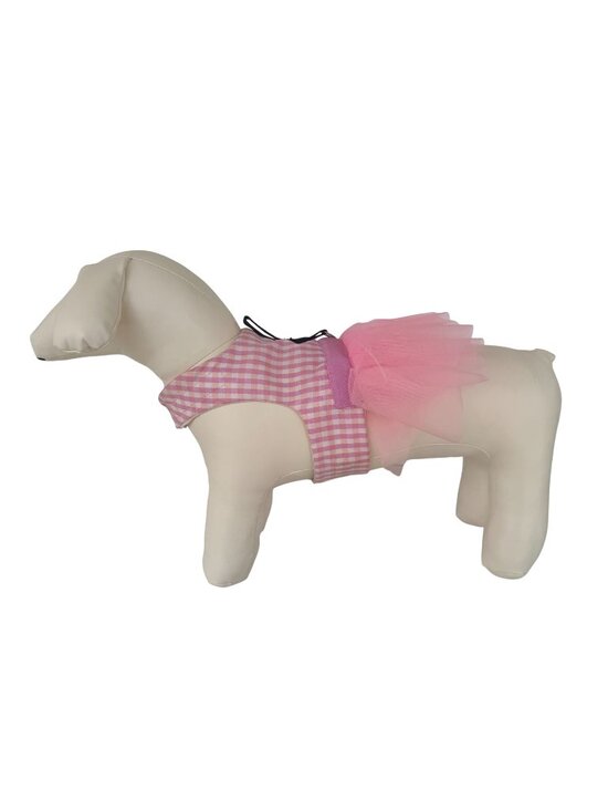 Homemade Other - Handmade Small Dog Adjustable Dress Outfit w Harness Pink Gingham Tulle Tutu -